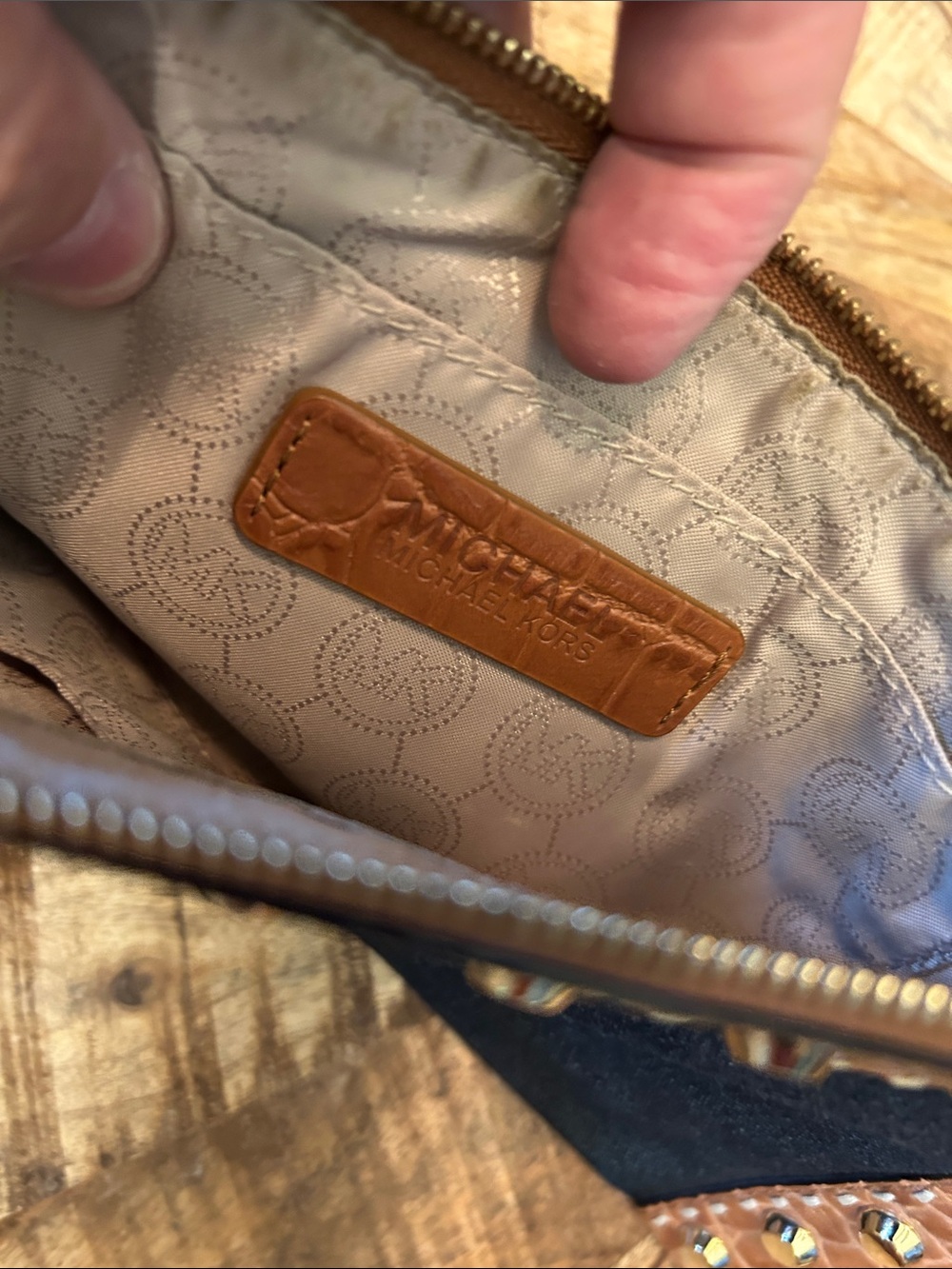 Michael Kors Black Denim and Brown Leather Studded Wristlet - Picture 5 of 8